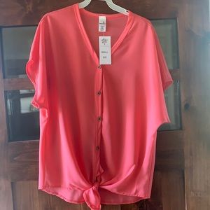 Coral sheer tie front top